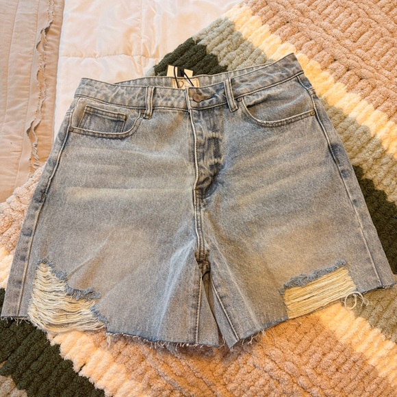 AMPERSAND AVE Pants - AMPERSAND AVE Light Blue Distressed High-Rise Denim Shorts